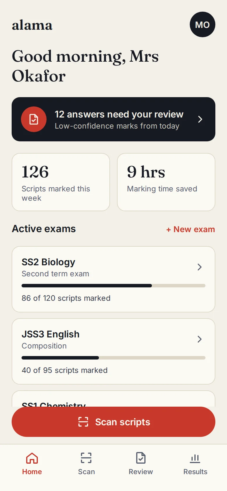 Alama home screen with exam progress and a review alert