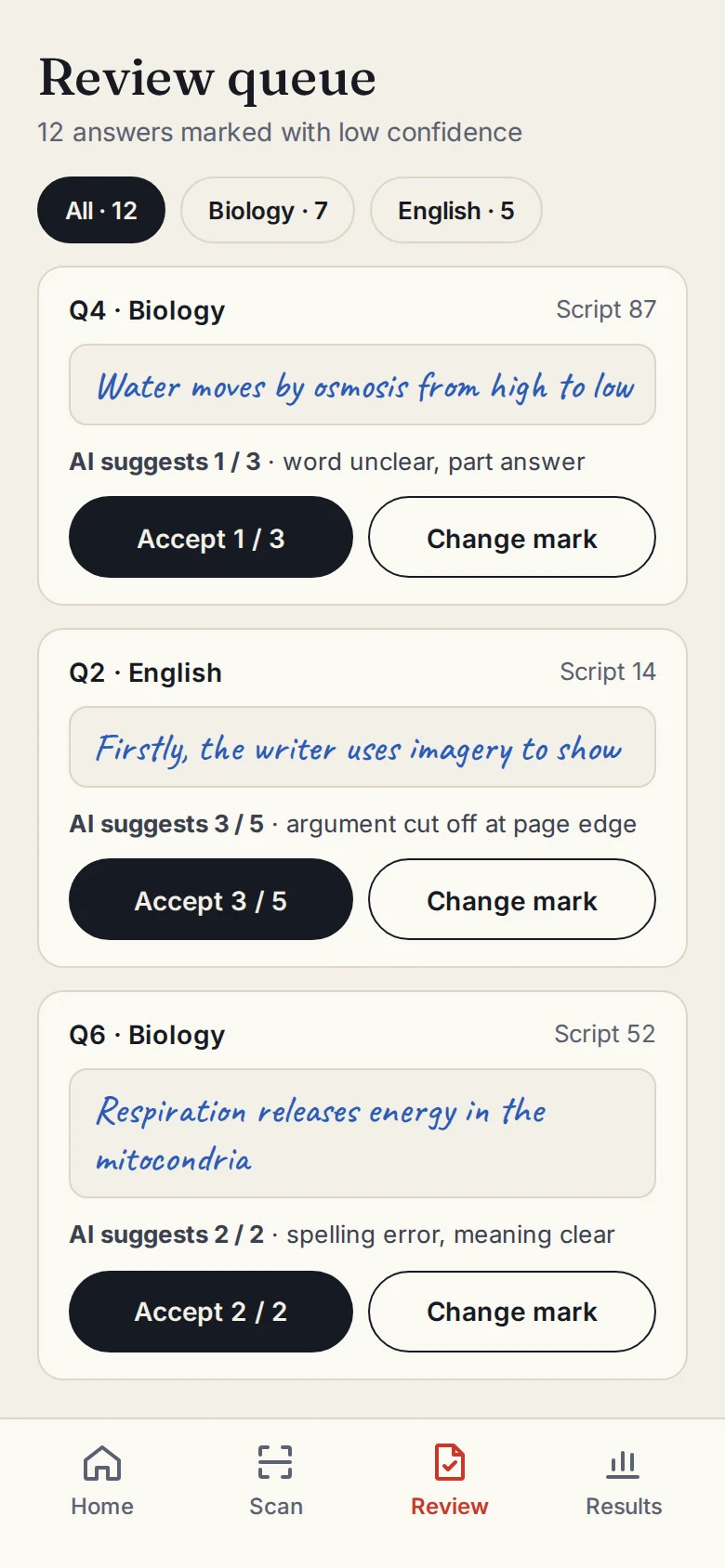 Alama app Review queue screen
