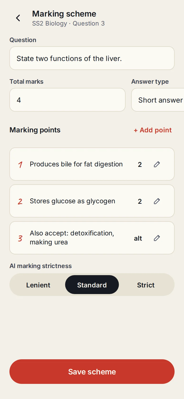 Alama app Marking scheme screen